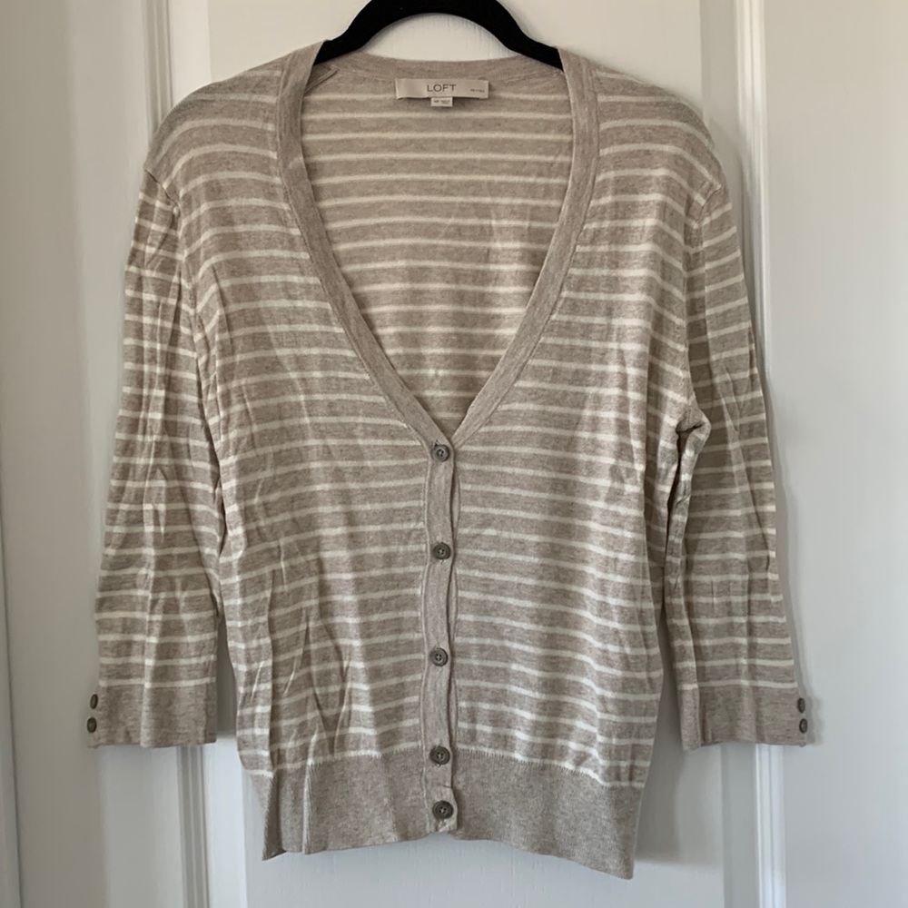 LOFT 100% Pima Cotton Deep V-neck Striped Cardigan Sweater Size MP